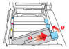 6. Raise the old Toner K Black, Genuine OKI, for ES8460 - 44059232 cartridge up on the right hand side inthe direction of arrow (1), once it is clear of the machine frame slide the cartridge to the right, direction (2)